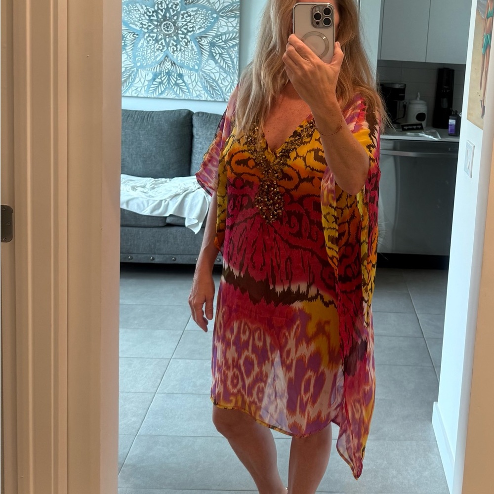 Vibrant Multicolor Sheer Kaftan Beach/Cover Up